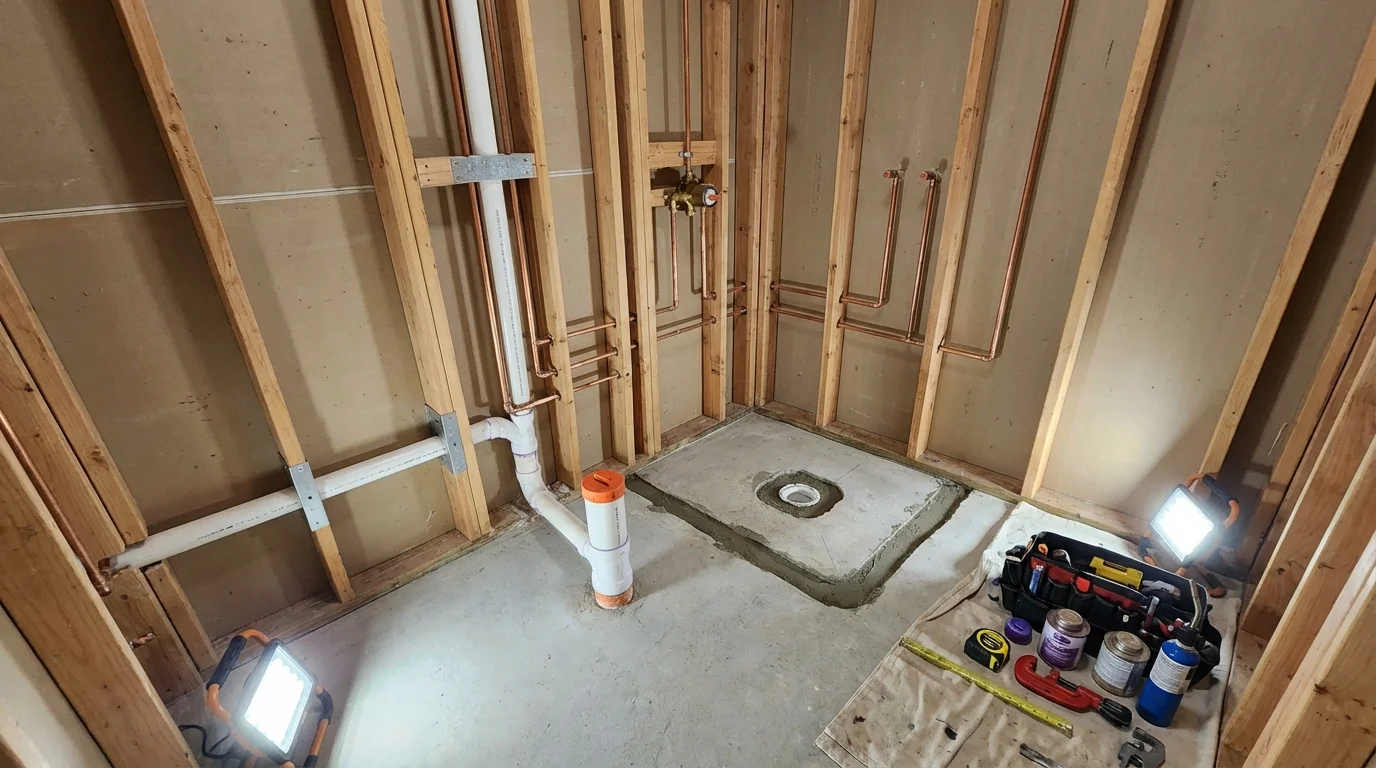 Bathroom rough-in plumbing during remodel by Johns Plumbing LLC in Charlotte Court House