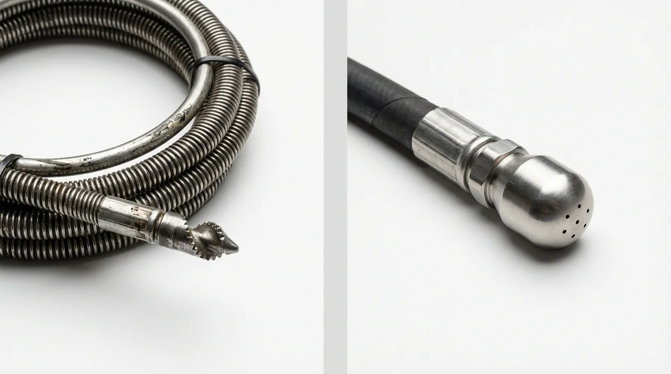 Drain snake cable and hydro jetting nozzle used for drain cleaning in Charlotte Court House, VA