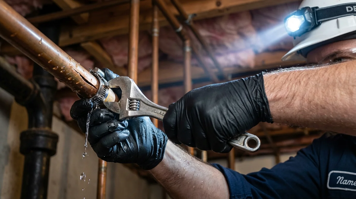 Emergency pipe clamp repair being performed by a Johns Plumbing LLC plumber in Charlotte Court House