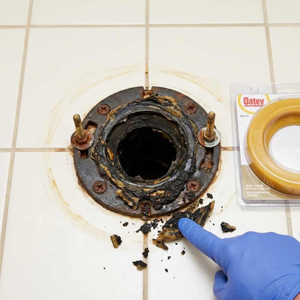 Failed wax ring showing water seepage at the base of a toilet in a Charlotte Court House, VA home