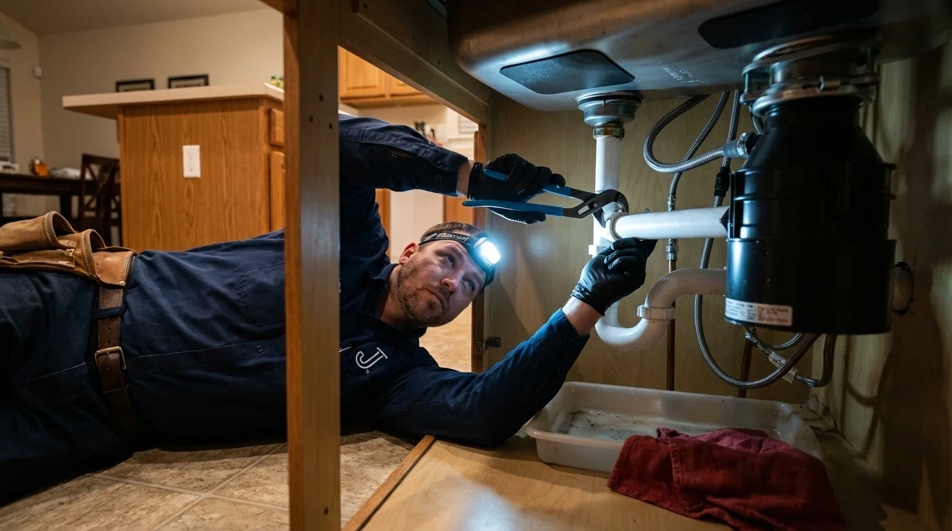 P-trap and supply line connections under a kitchen sink showing a common leak point in Charlotte Court House, VA